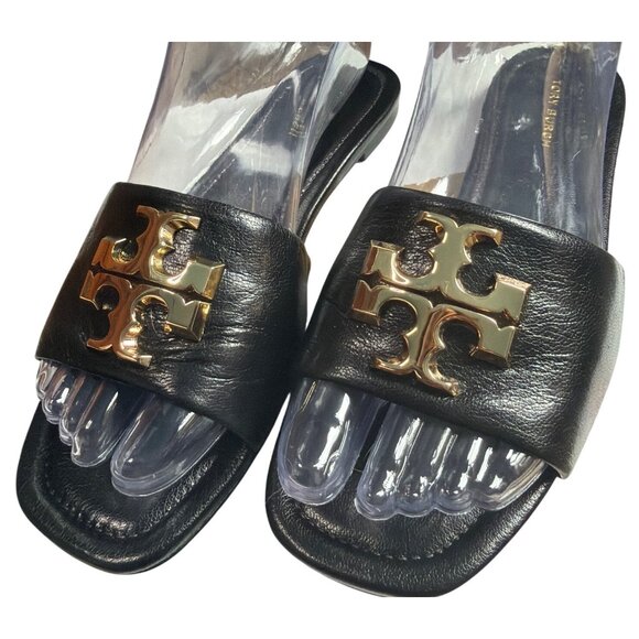 Tory Burch Eleanor Leather Slides Gold Hardware Black Size 6.5 - Picture 4 of 16